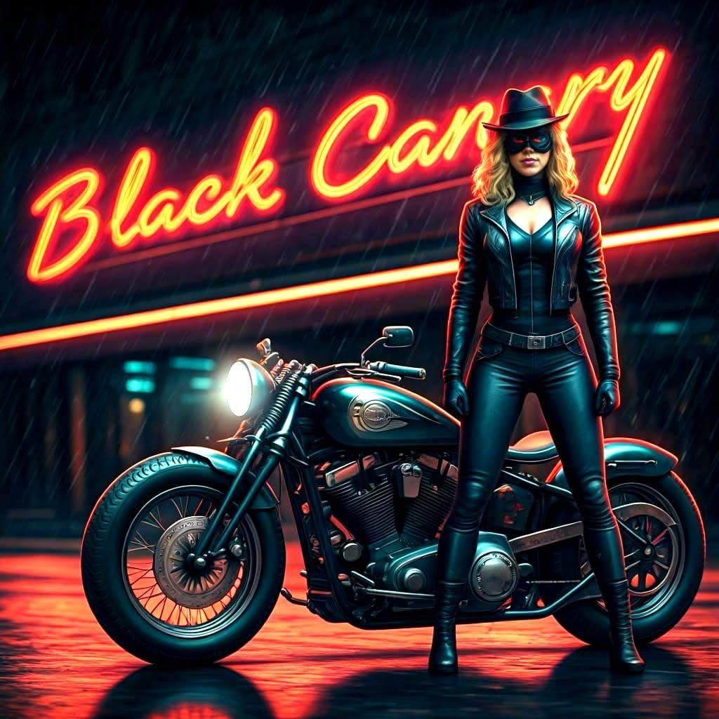 Black Canary Superhero on Motorcycle, 1940s Style