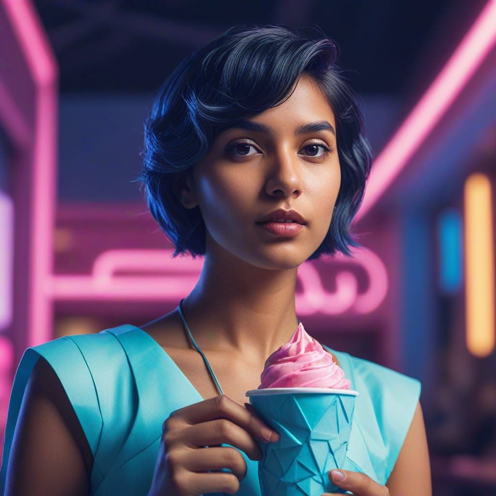 Neon Indian Lady with Ice Cream in Synthwave Style