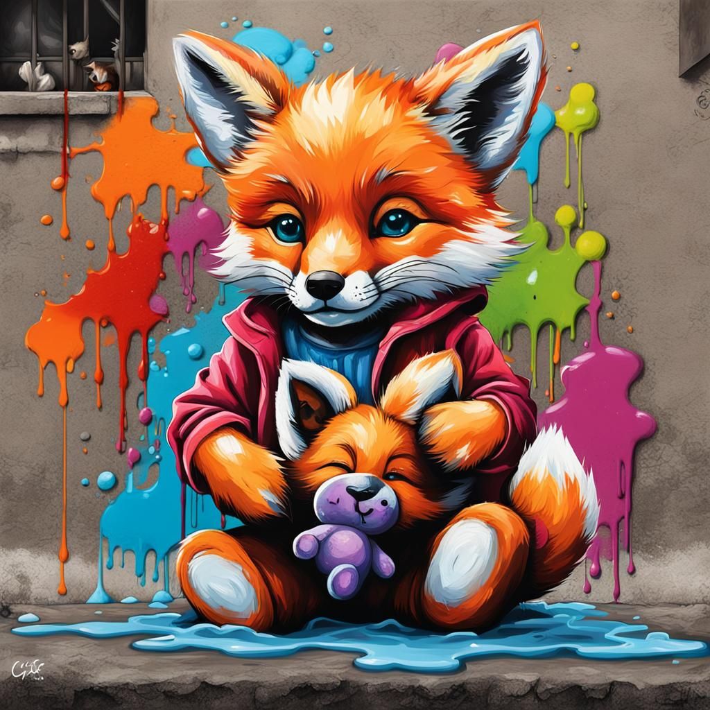 Baby Fox with Teddy Bear in Graffiti Style
