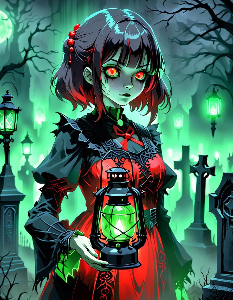 spooky anime scene of a mysterious young girl dressed in a gothic-style black and red outfit, standing in a foggy, moonl...