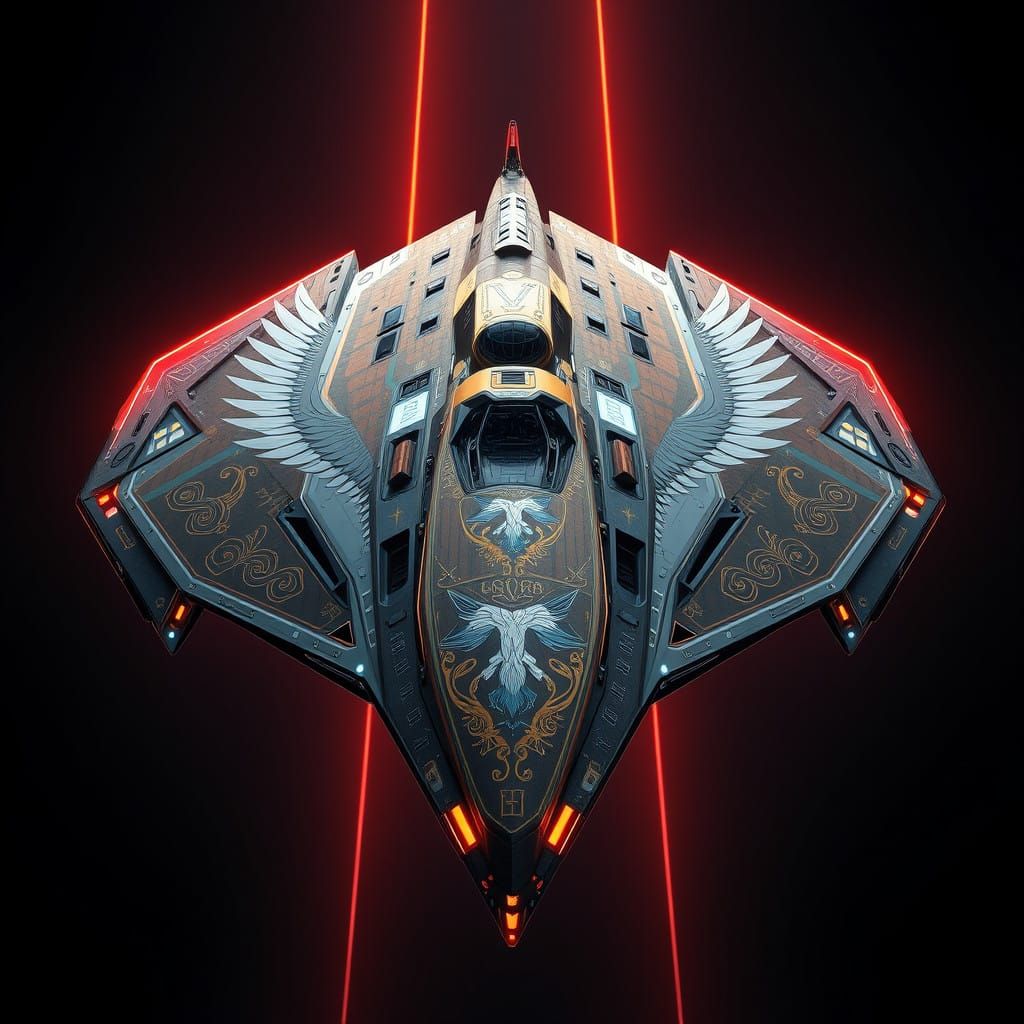 Ancient Futuristic Cyberpunk Space Ship: Symmetrical, High-T...