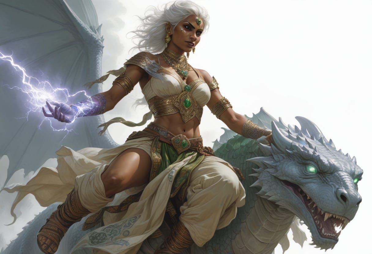 Hindu Sorceress Rides Majestic Silver Dragon in Heroic Fanta...