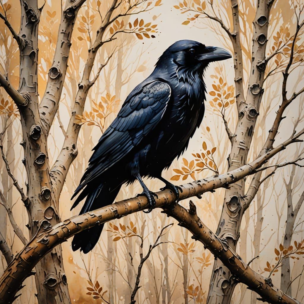 Raven on Ivory Tree: Watercolor Splash Art