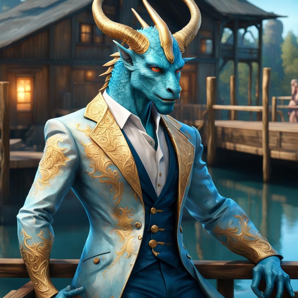 Dragon Man on Dock in Watercolor Style