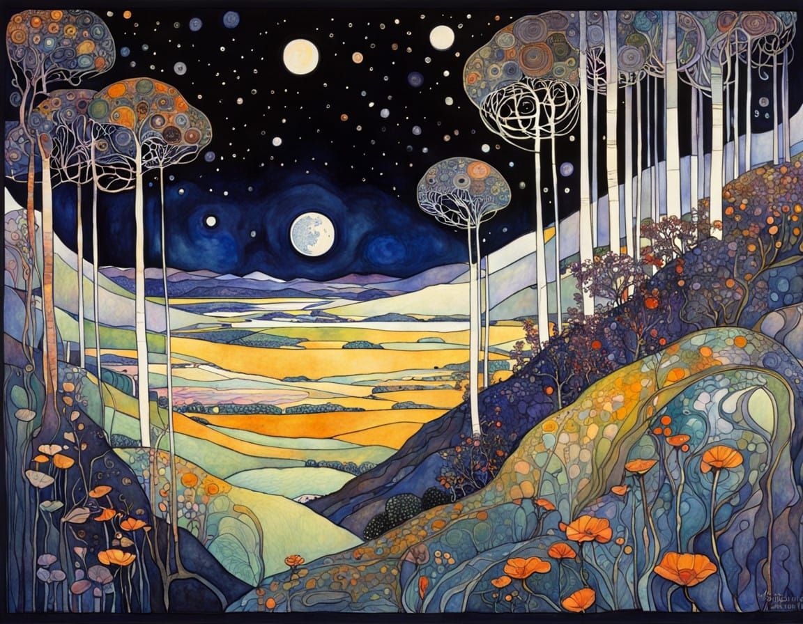 Ethereal Nighttime Scene in Intricate Ink and Watercolour