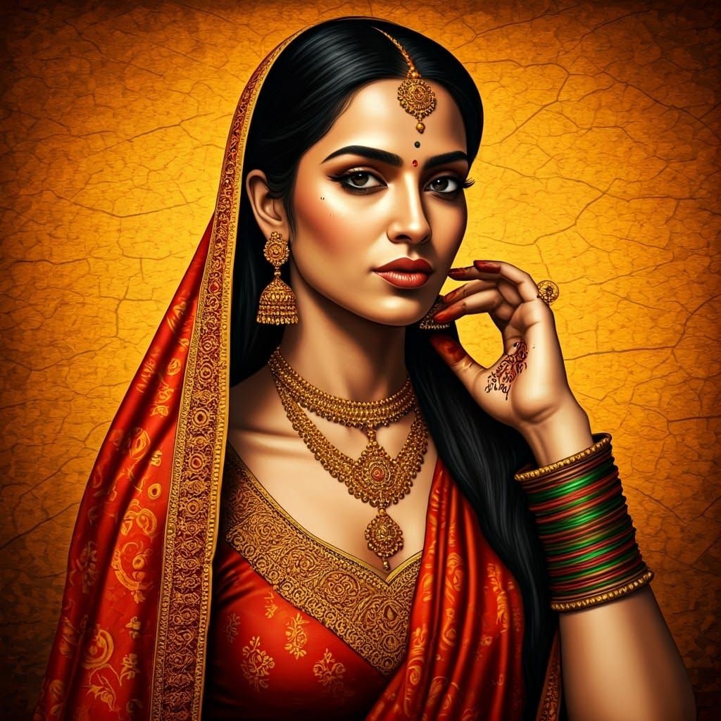 Indian Woman with Henna Tattoo in Calligraphic Art Style