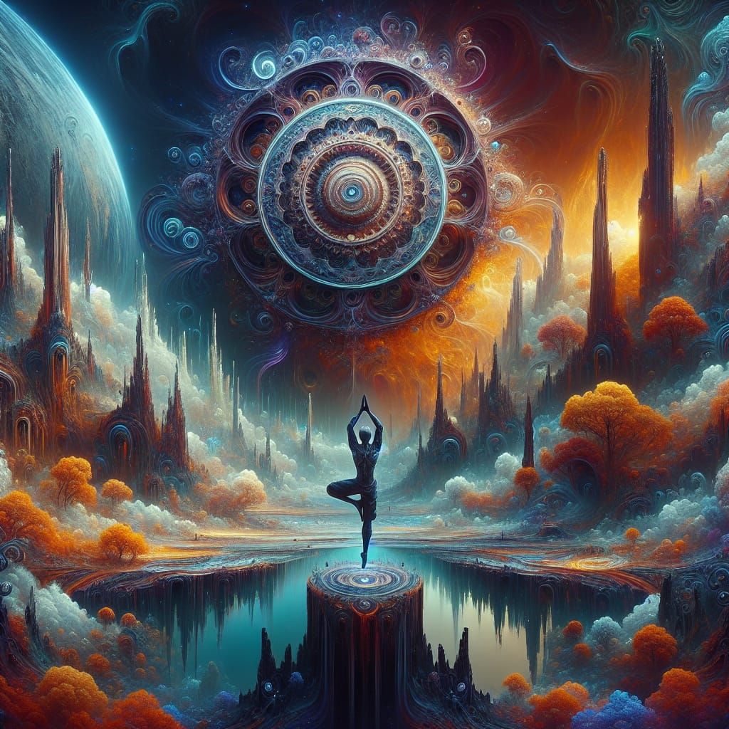 Warrior Yoga Pose in Fantasy Landscape, Matte Painting