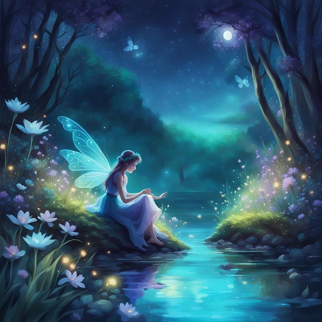 Magical Fairy in Moonlit Turquoise Forest