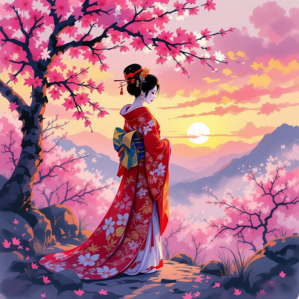 Geisha Amidst Cherry Blossoms at Sunset