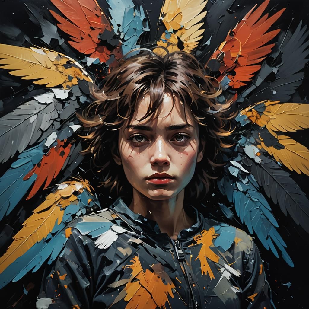 Expressionist Portrait: Grounded Angel in Moonlit Landscape