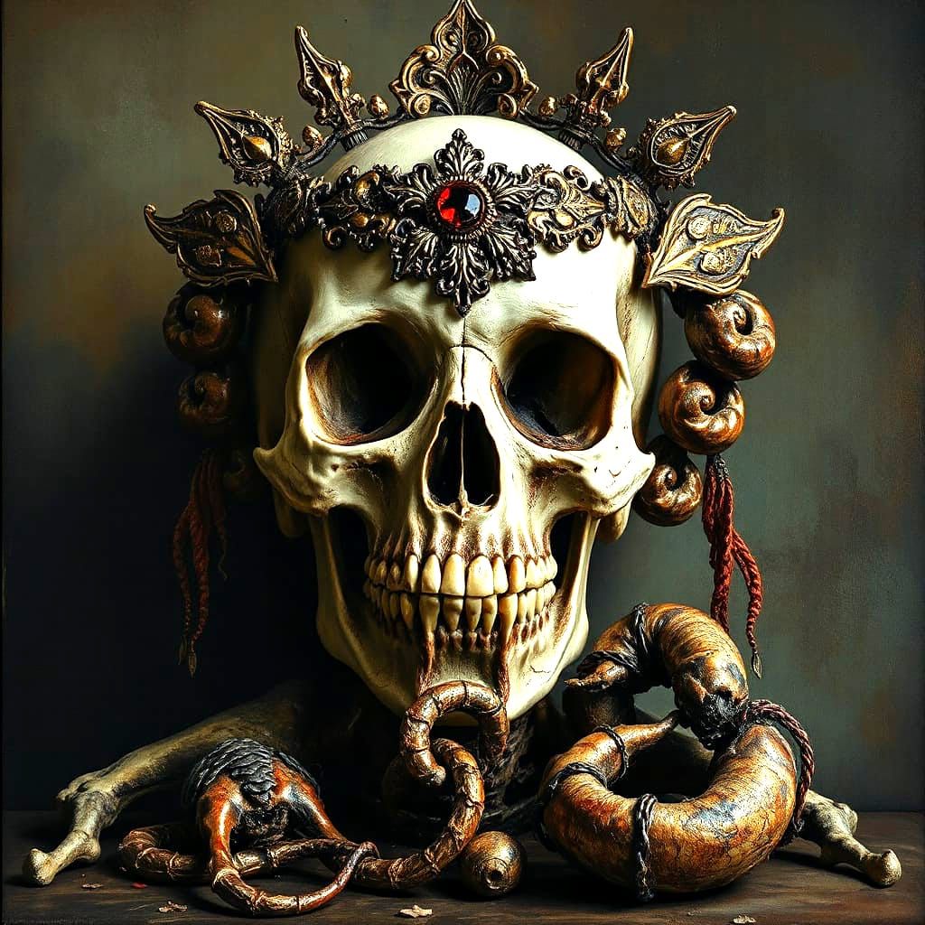 A luxurious, ornate human skull with intricate gothic embell...