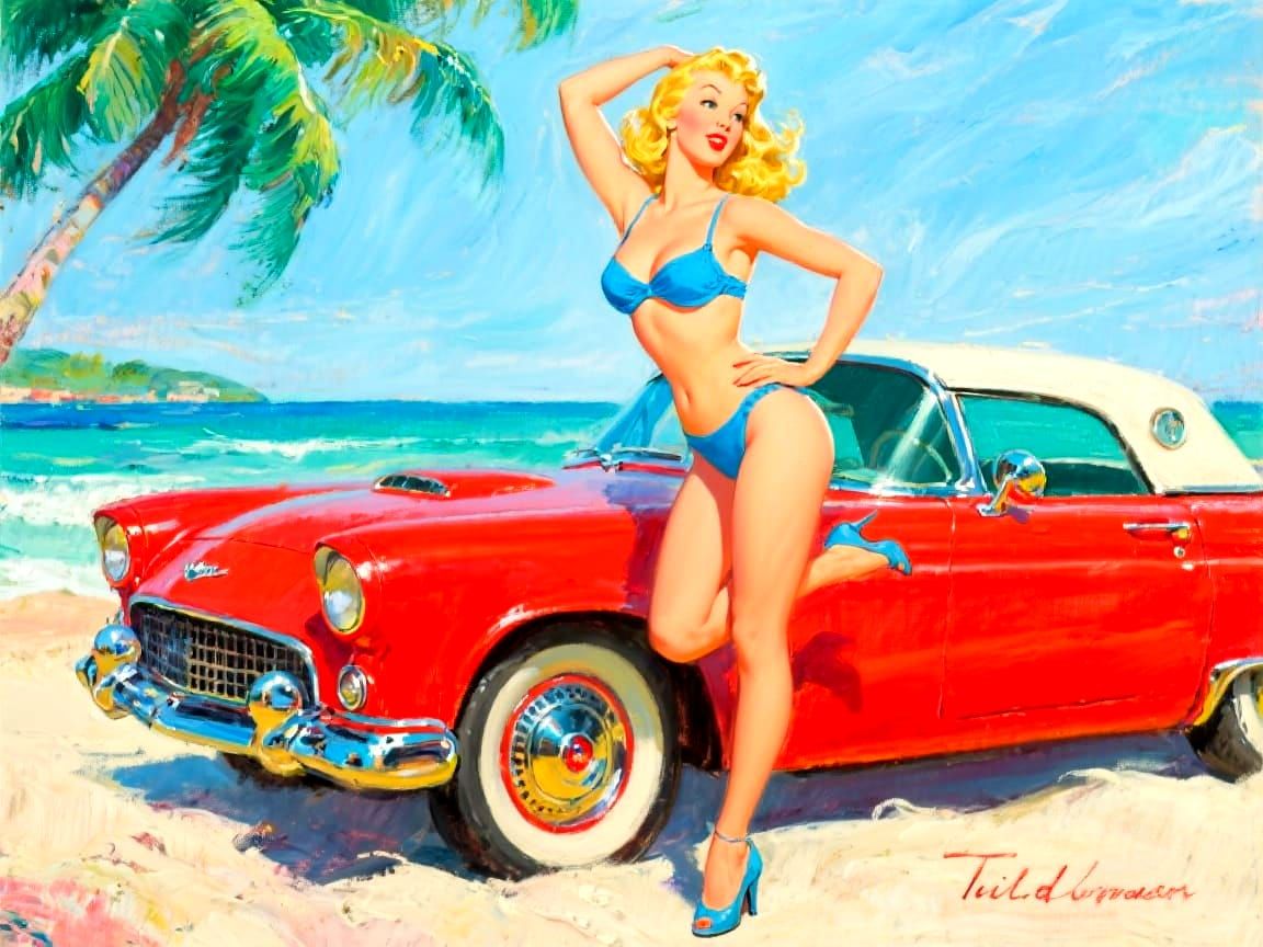 Blonde in Blue Bikini with Red T-Bird: Elvgren Oil Painting