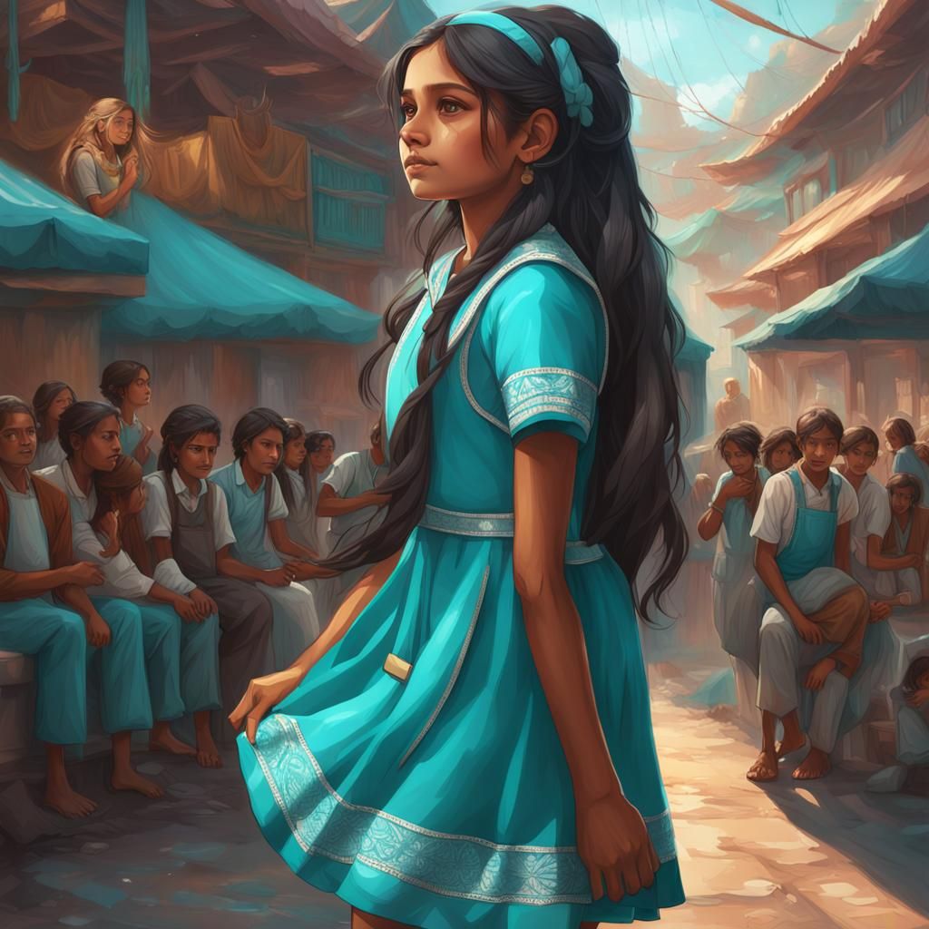 Indian Girl Portrait in Turquoise Uniform, Hyperdetailed Art