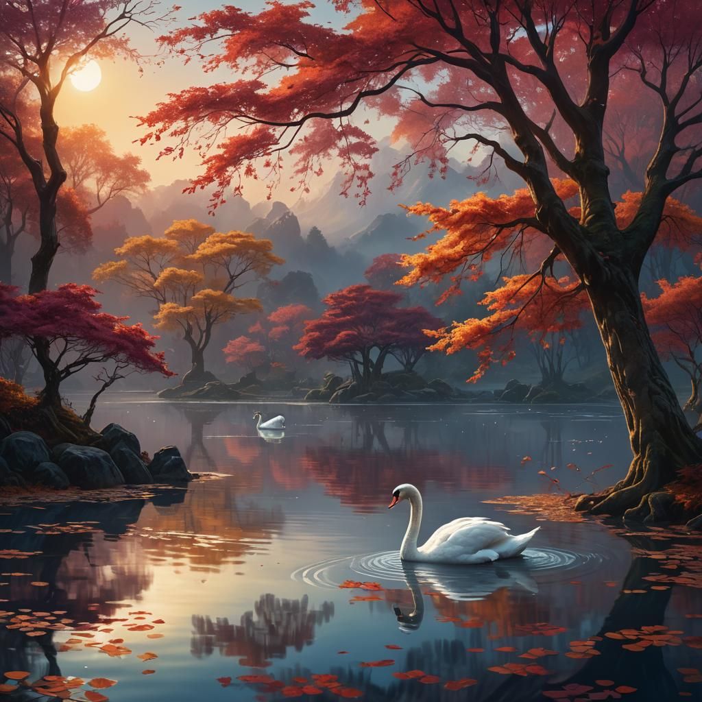 Swan Glides on Lake at Dawn: Chinese Digital Painting