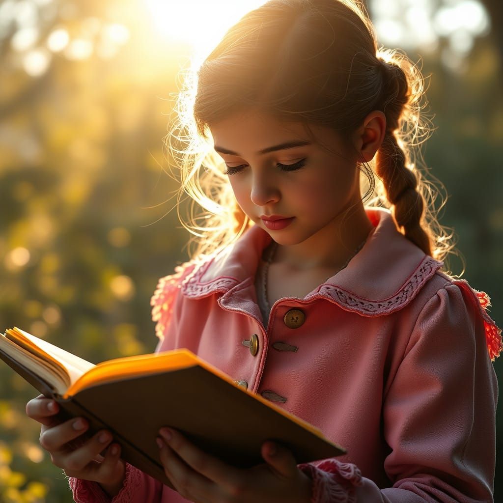 A Young Girl Lost in a Book of Wonder in Soft Pastel Hues