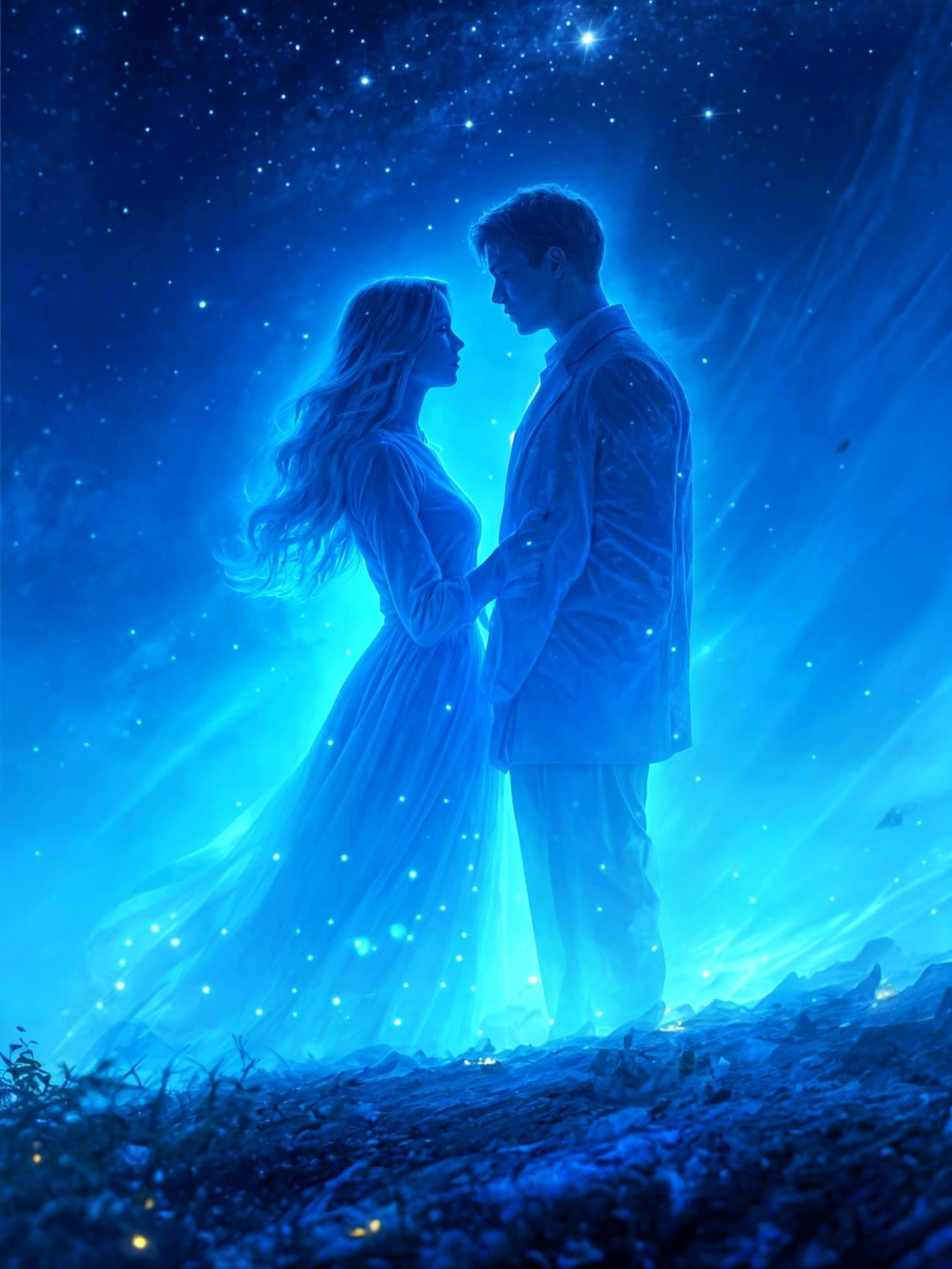 Couple's Ethereal Embrace in Blue