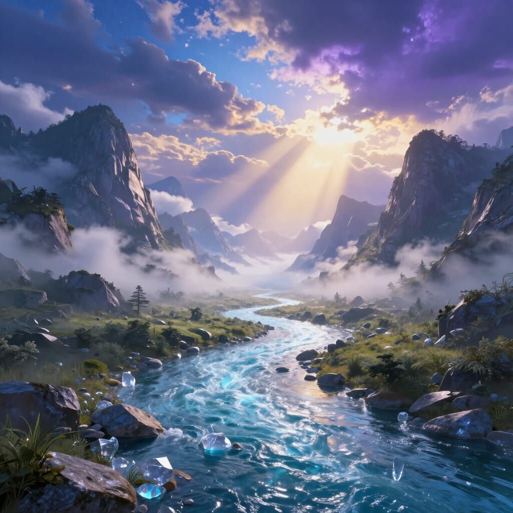 Surreal Cinematic Landscape: Crystal River Valley with Giant...