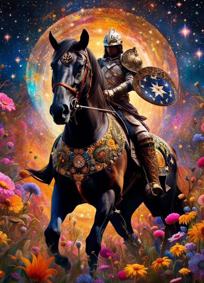 Hyperdetailed Knight in Wildflower Starfield, Digital Art