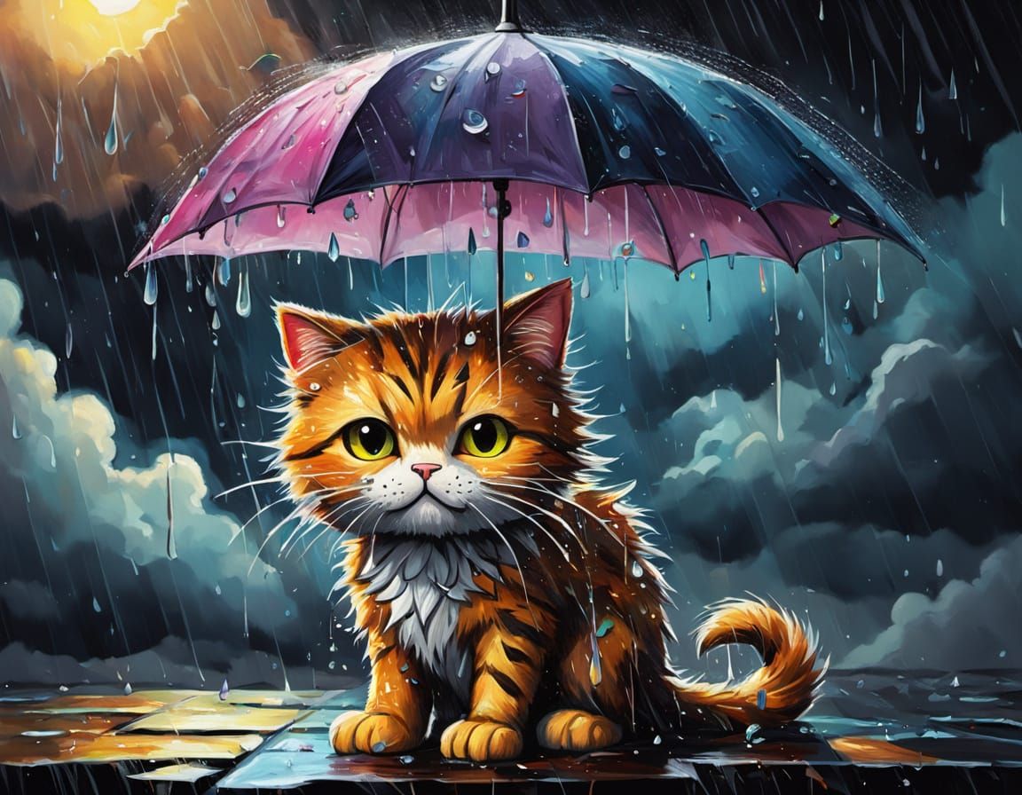 Whimsical Cat in Stormy Weather, Acrylic Painting