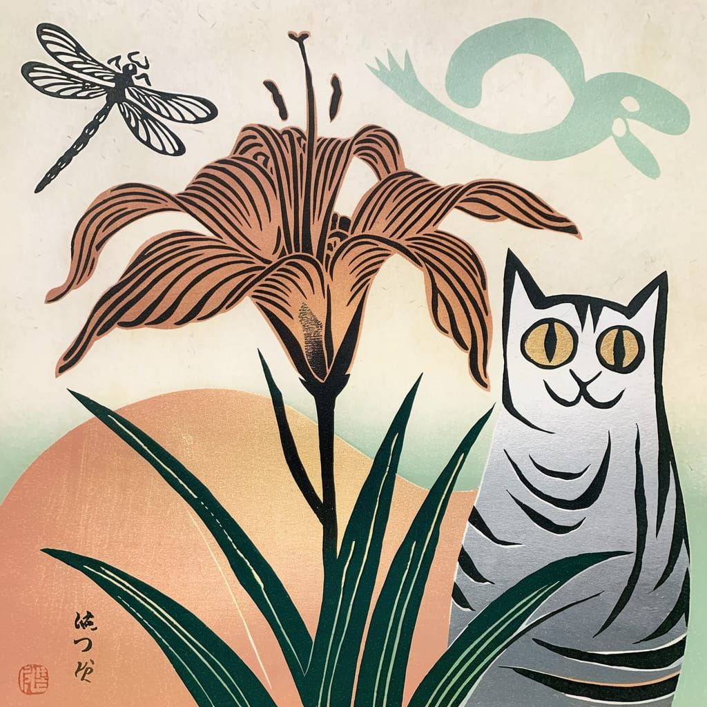Abstract Japanese Woodblock Tiger-Lily Print