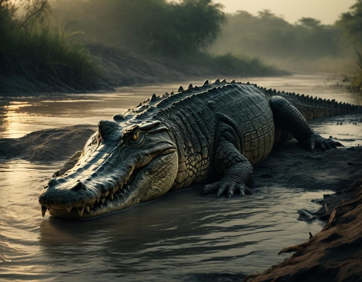 Crocodile Emerging from Murky River in Golden Light