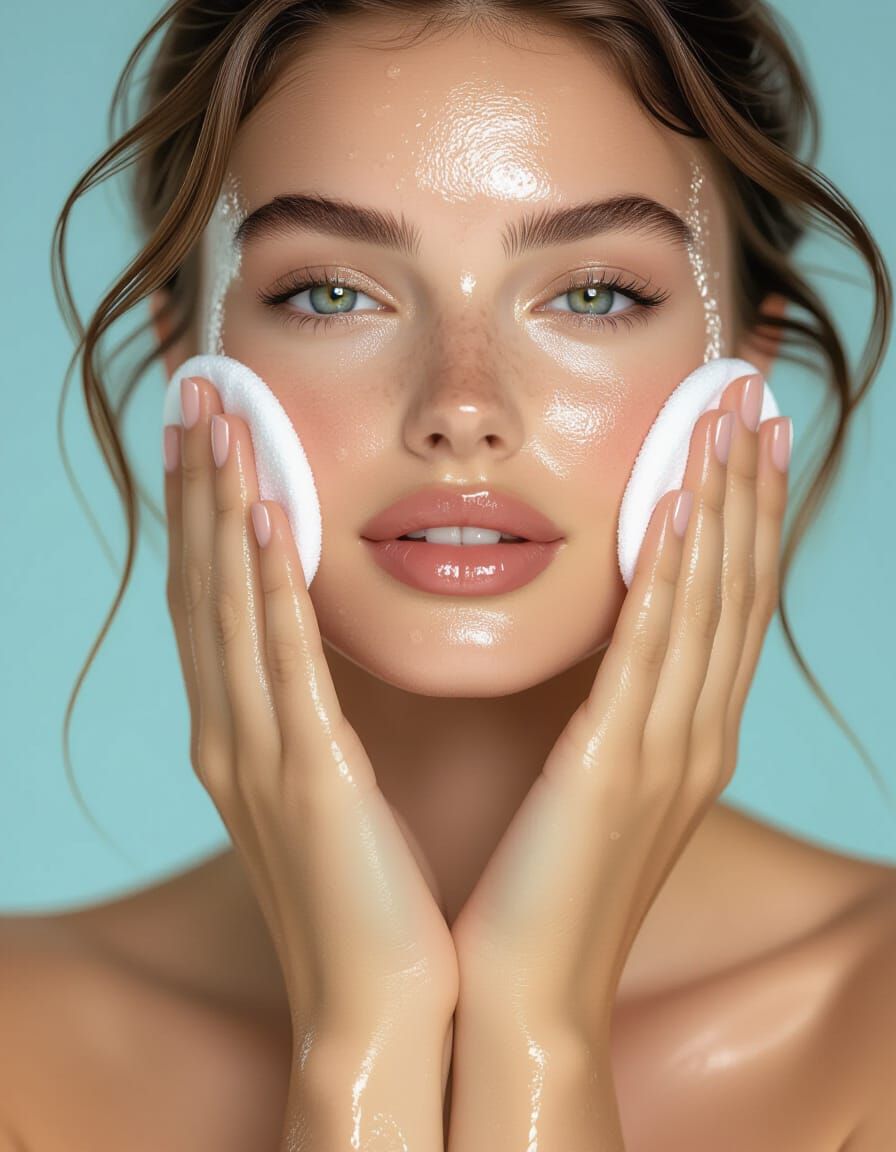 Flawless Skin: Woman Cleansing Face in Studio Shot