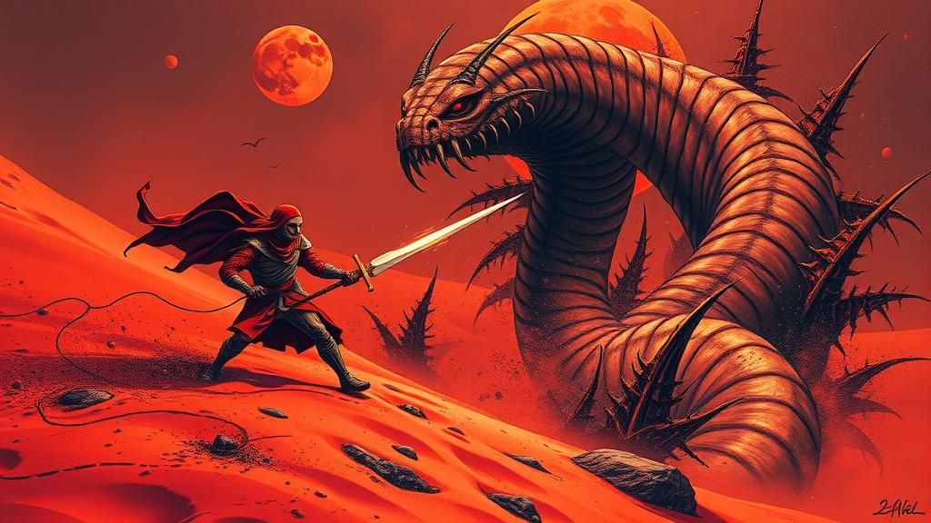 Fremen Warrior Battles Sandworm Under Red Moon