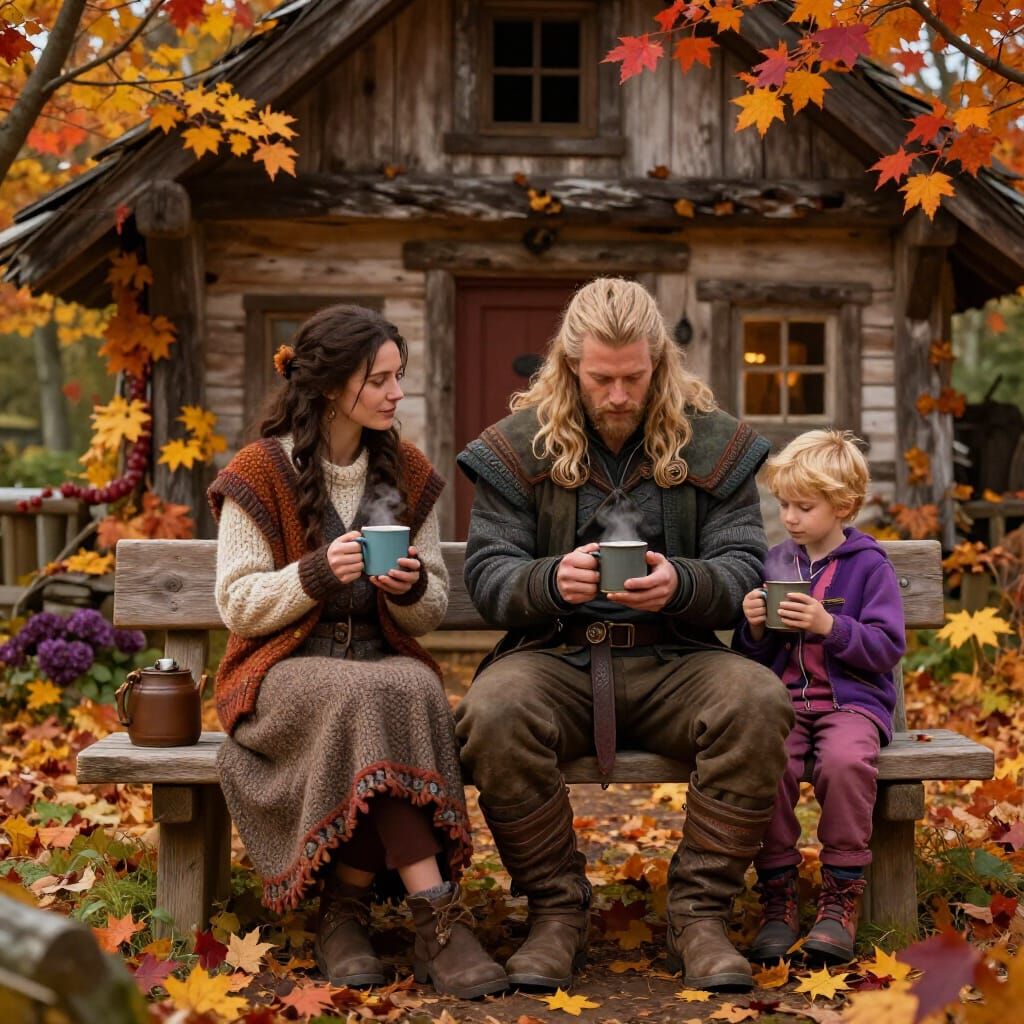 Viking Family by Autumn Cottage in Fantasy Concept Art Style