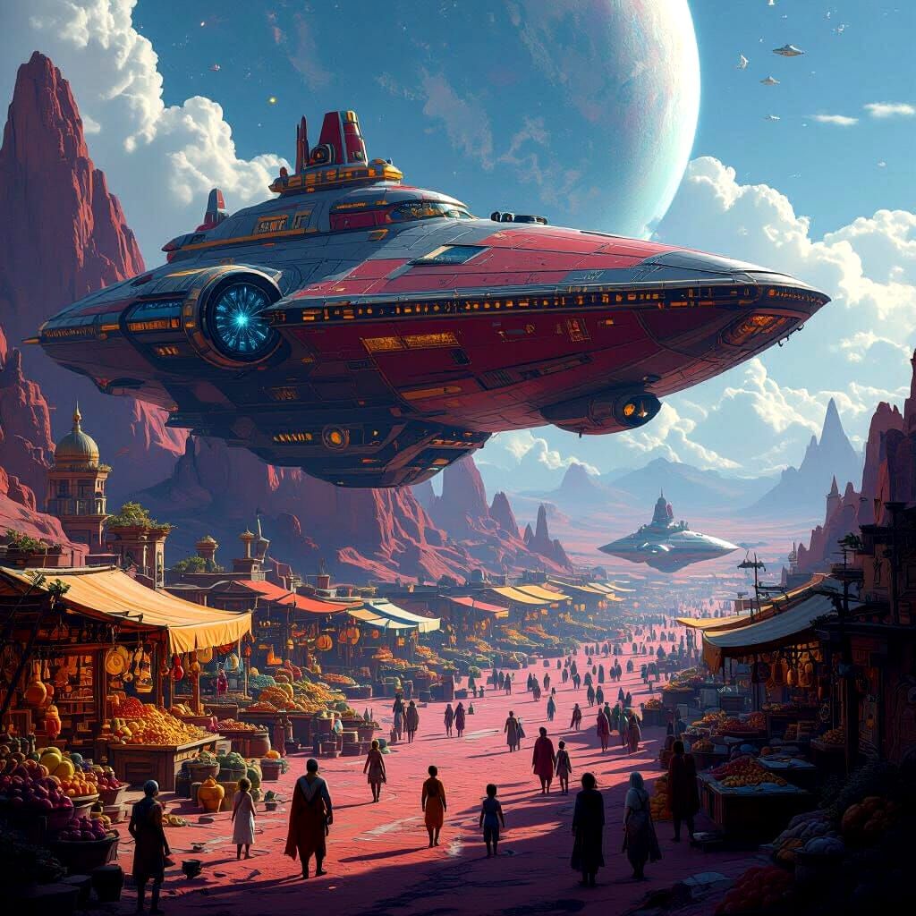Interstellar Bazaar Unloading on Redonia in Sci-Fi Style