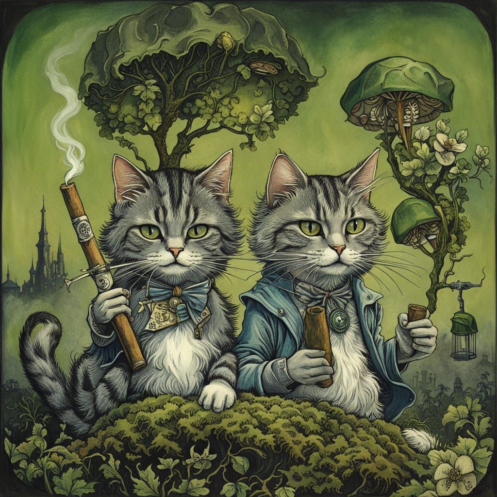Cyberpunk Cats Smoking in Rackham-esque Forest