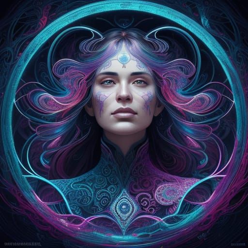 Hyperrealistic Portrait amidst Vibrant Fractal Landscapes