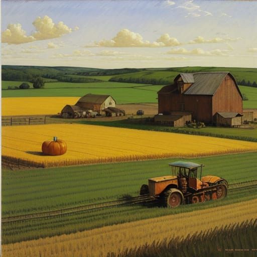 A happy family farm with farmers harvesting wheat, corn, squ...