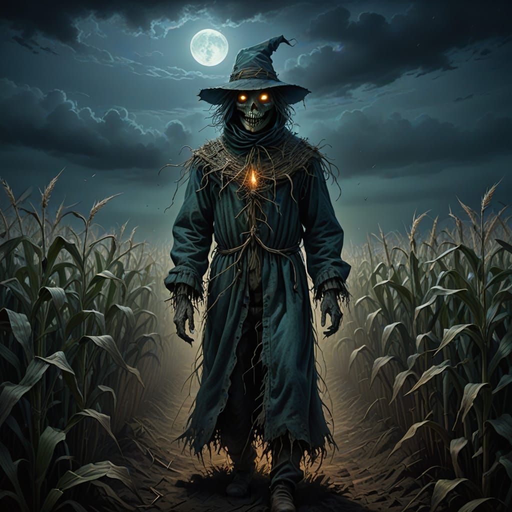 Ethereal Ghostly Scarecrow in Misty Cornfield
