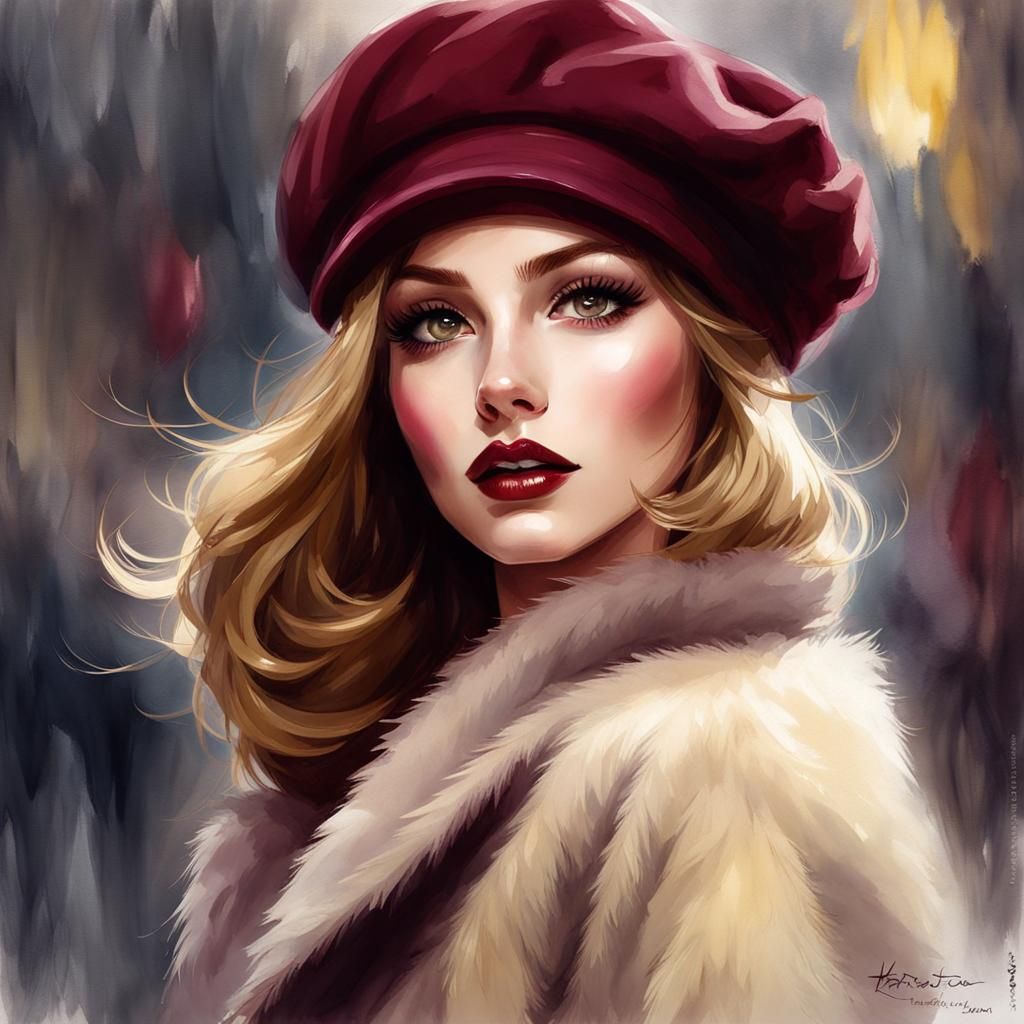 Beautiful Woman in Watercolor Style with Burgundy Eyes