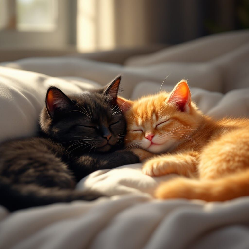 Realistic 3D Cats Sleeping on a Cozy Bed