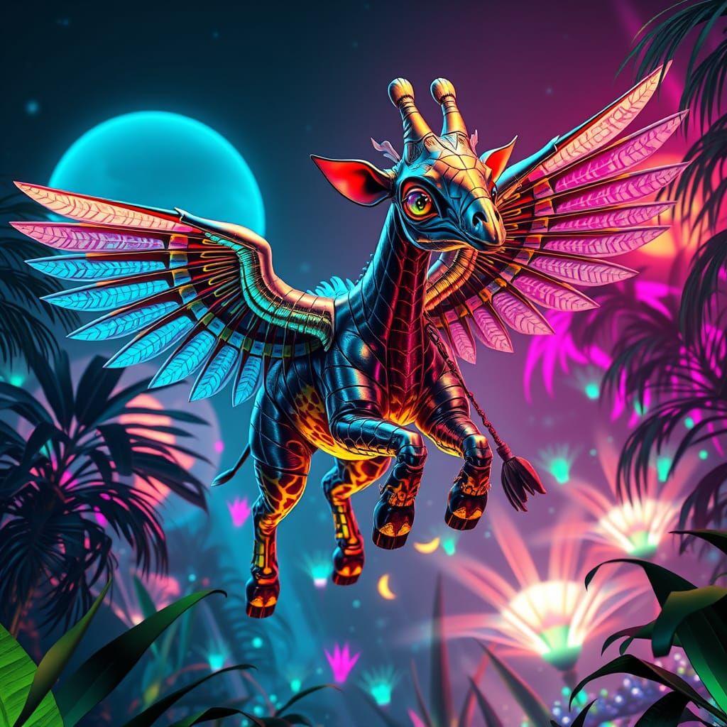 Metallic Giraffe-Elephant Soars Through Neon Jungle