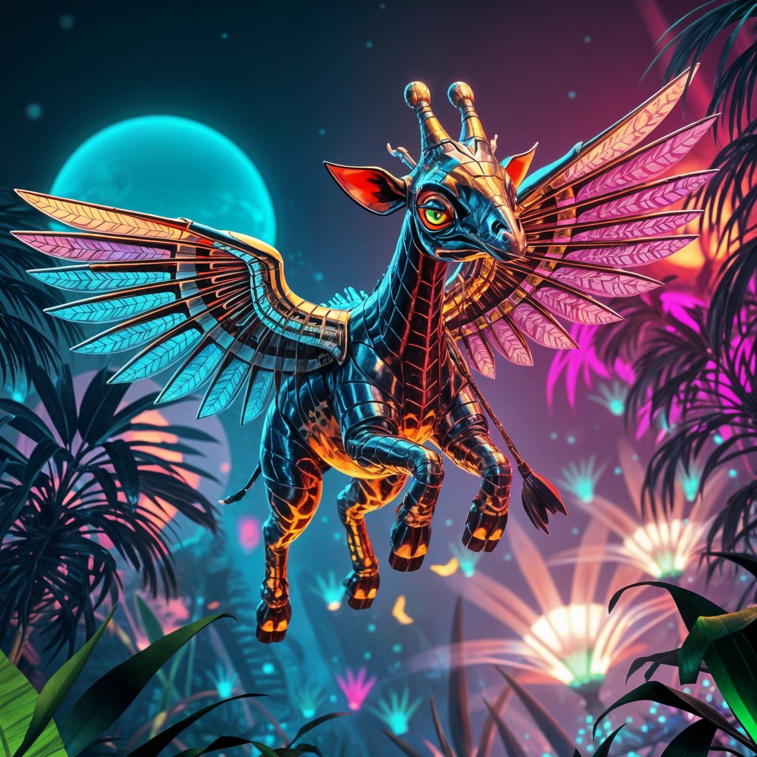 Futuristic Giraffe-Elephant Soaring Through Neon Jungle