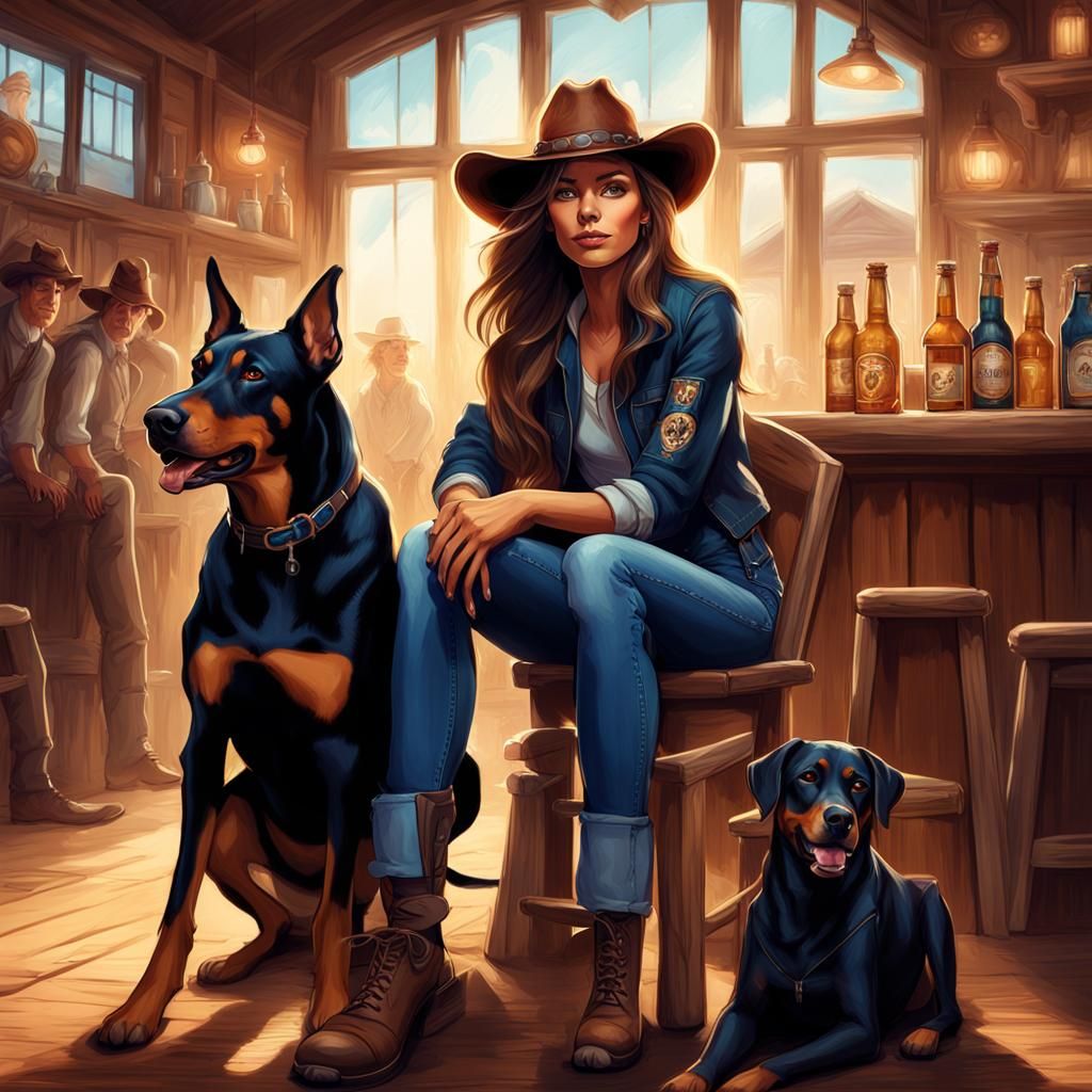 Pixar Style Woman with Dobermann in Saloon