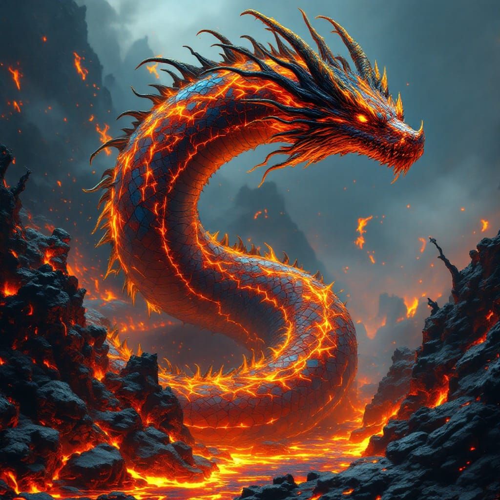 Ancient Fire Salamander in Molten Lava Landscape with Cobra ...