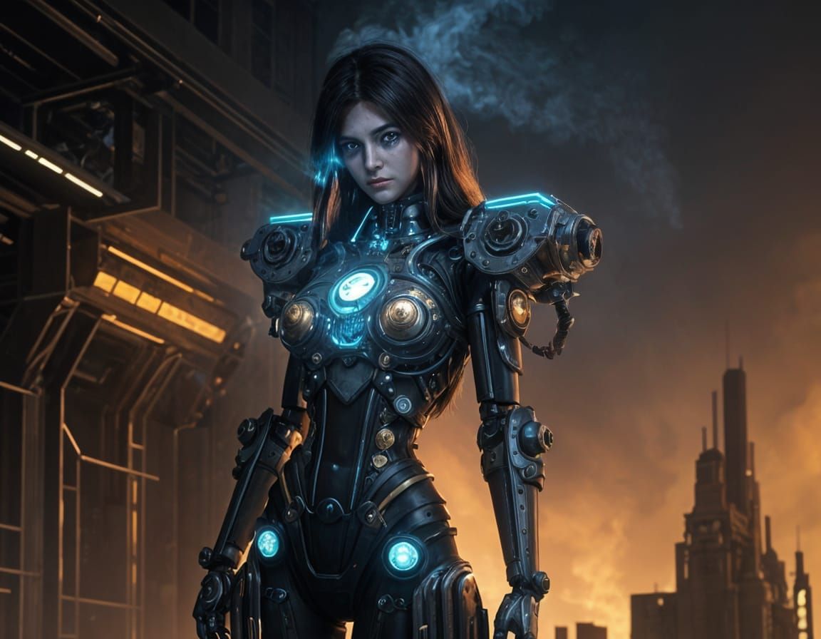 Clockwork Woman with Prosthetic Limbs in Clockpunk Style