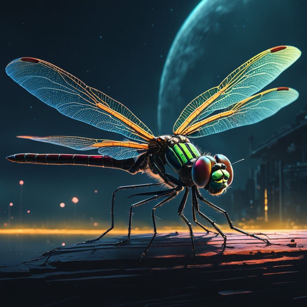 Iridescent Dragonfly Illuminates the Dark Night Sky in Hyper...
