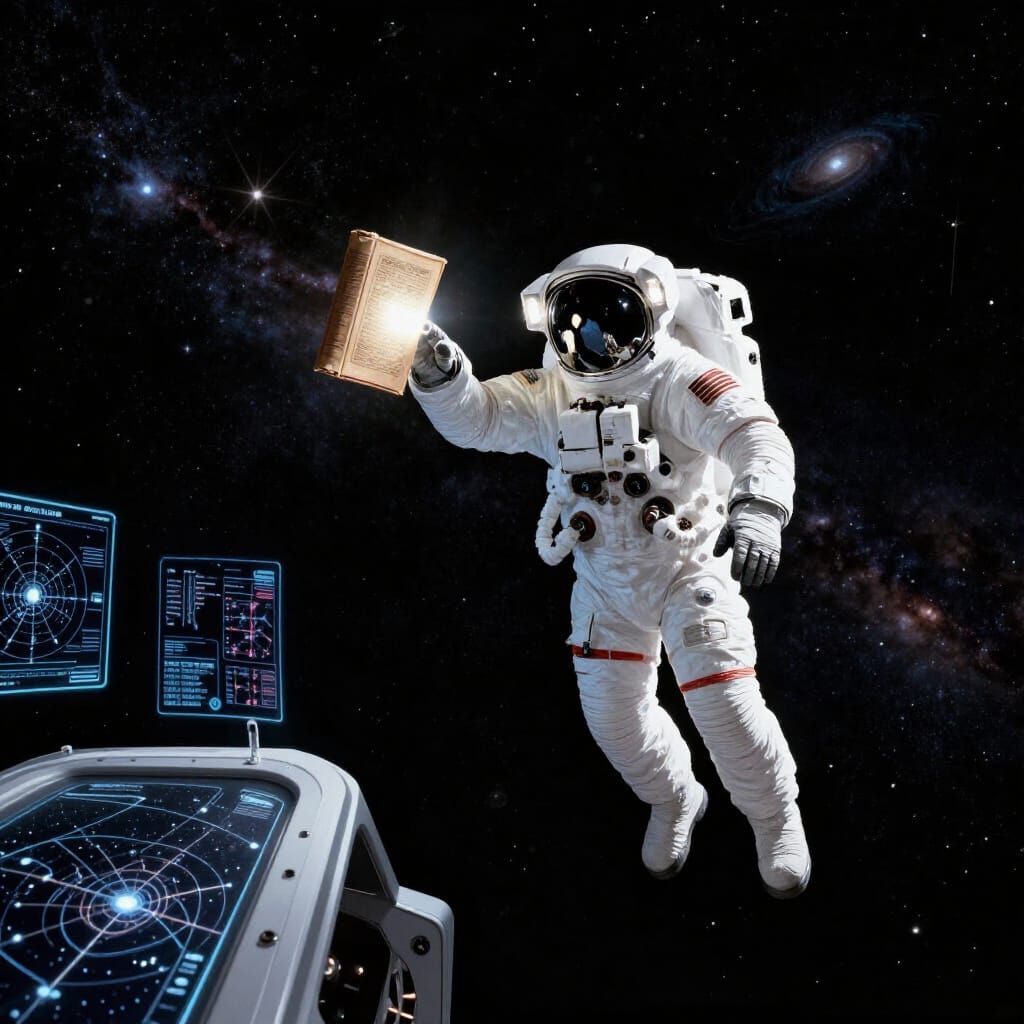 Astronaut Reaches for Glowing Tome in Cosmic Galaxy