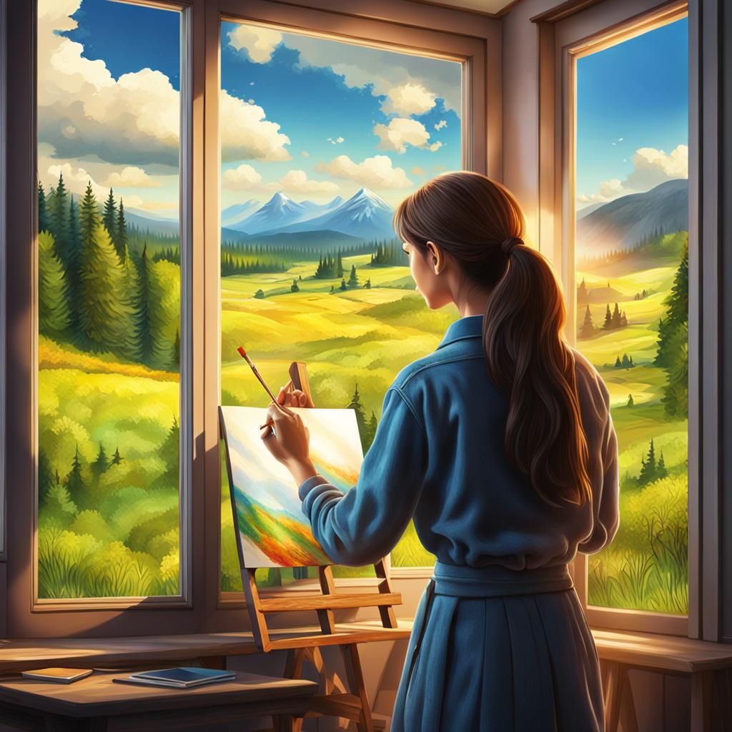 Surprised Woman Gazing at Window Meadow Painting
