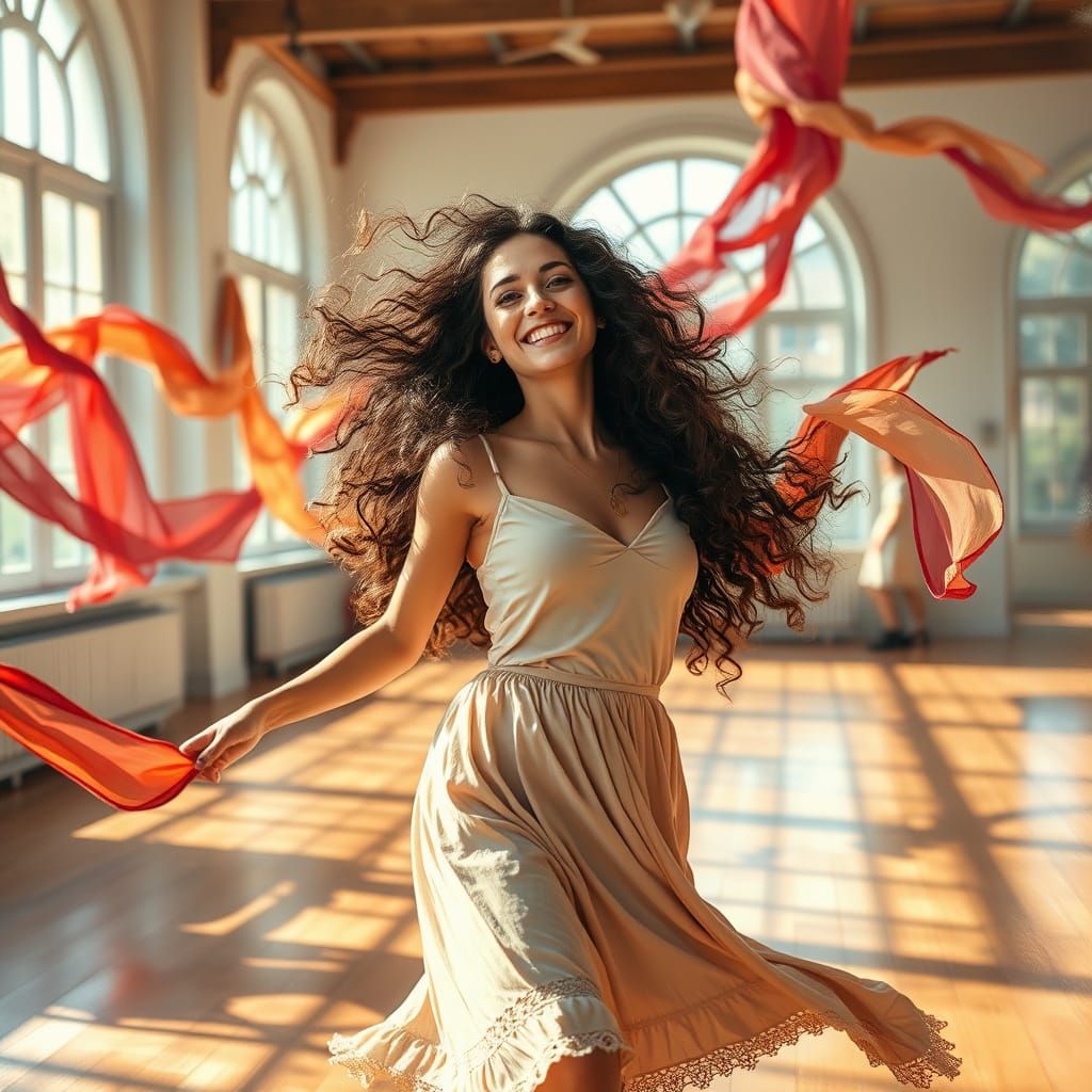 Whimsical Woman Dancing in Sun-Drenched Studio