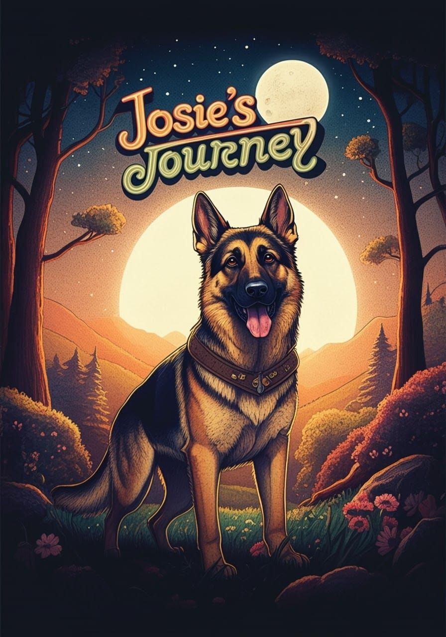 German Shepherd in Dreamlike 80s Landscape