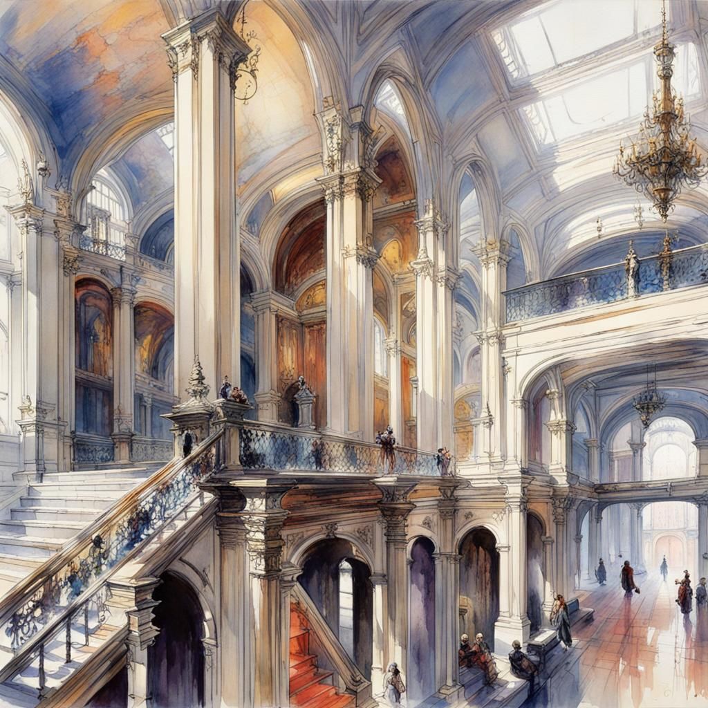 French Palace Great Hall Interior in Watercolor Style