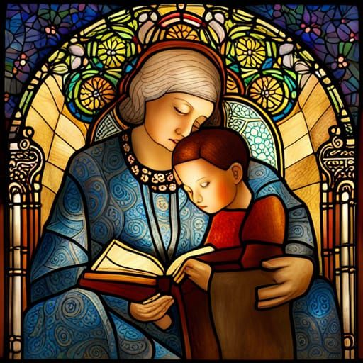 Stained Glass Portrait: Grandmother Reading to Son