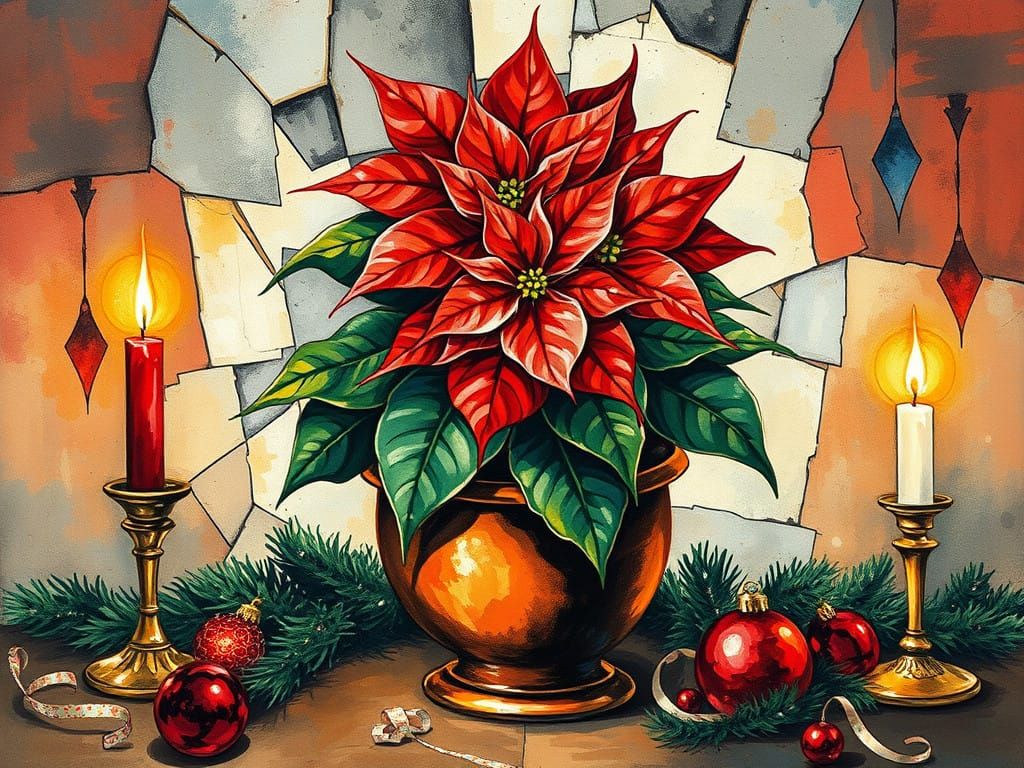 Surreal Cubist Christmas Scene in Vibrant Alcohol Ink Colors