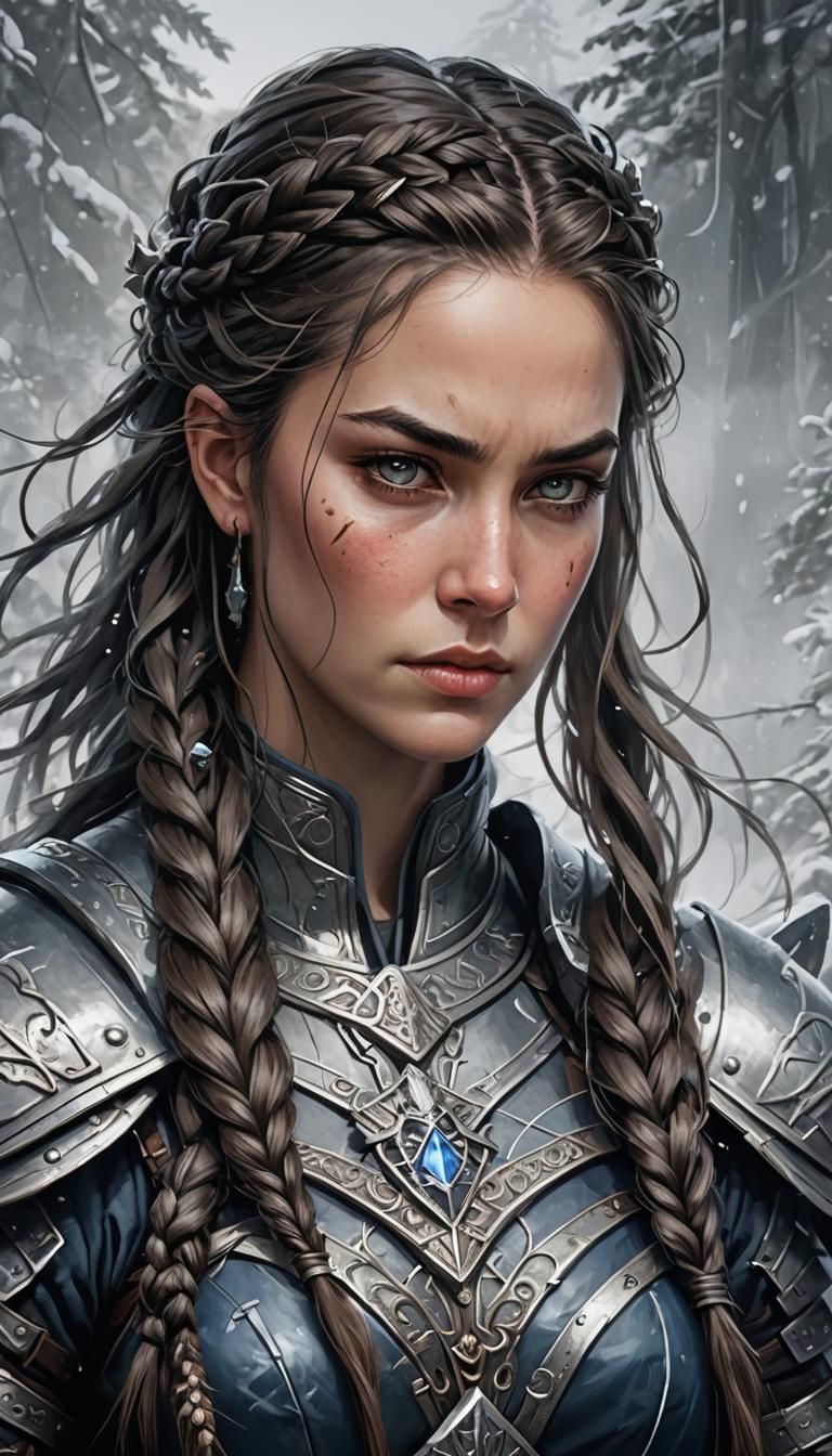 Norse Heroine Eira with Flaming Sword in Snowy Landscape