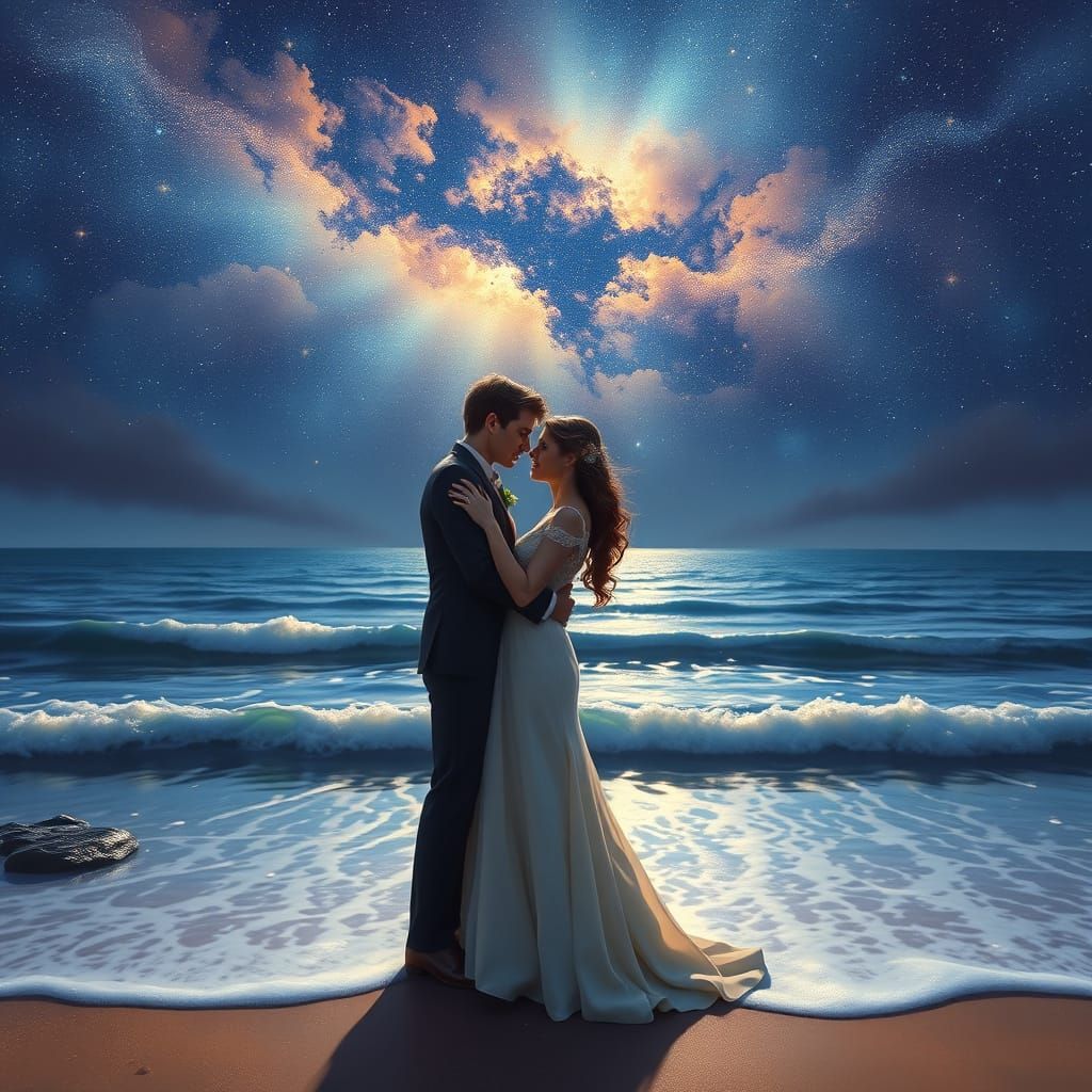 Romantic Beach Embrace in Art Nouveau Style